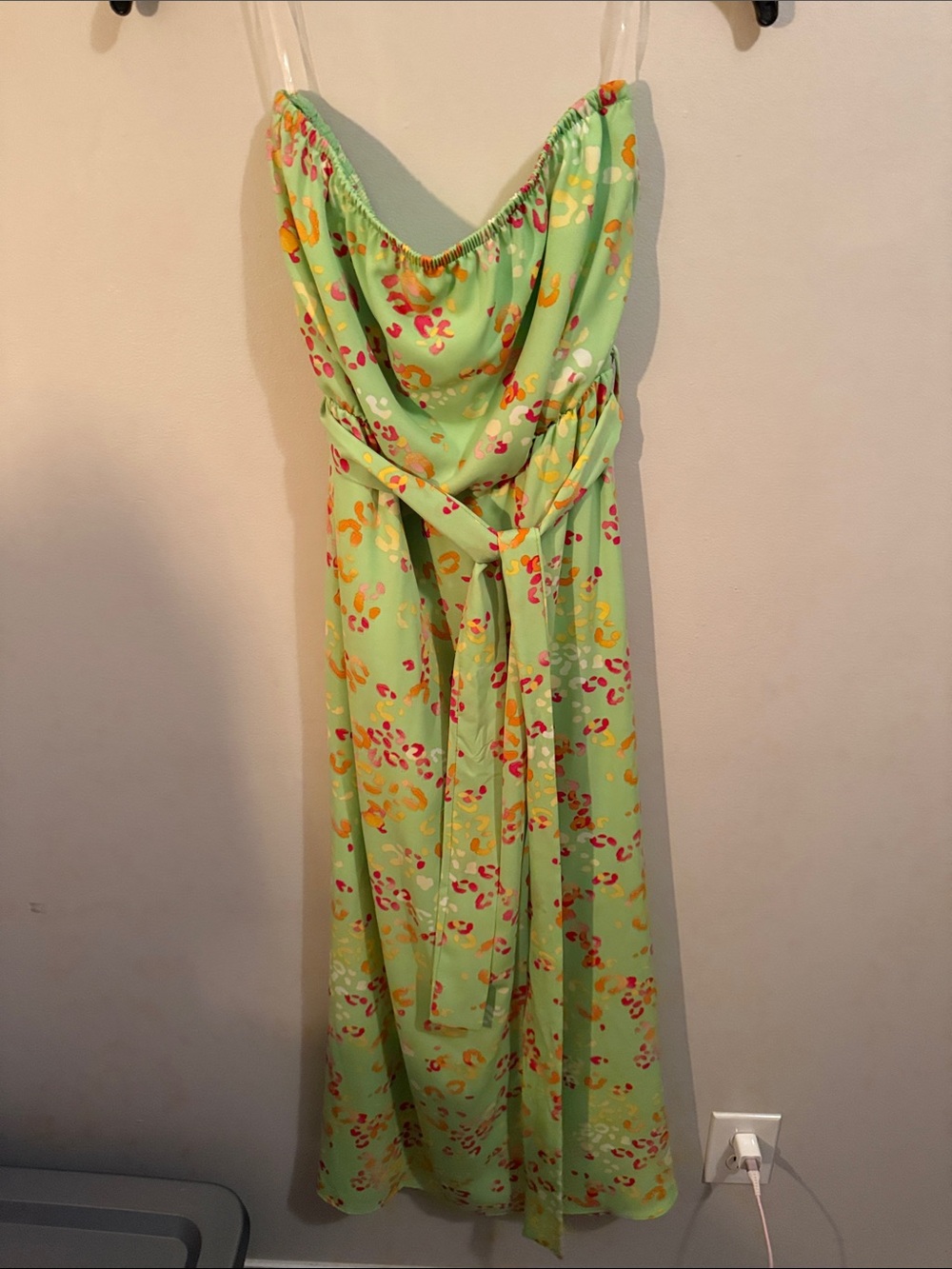Strapless Light Green Floral Slip Dress with Tie Waist